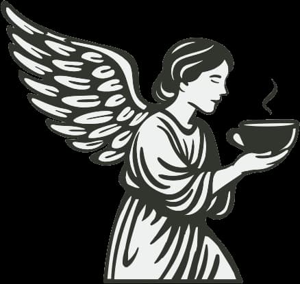 Roozamoon’s angel holding a cup of coffee